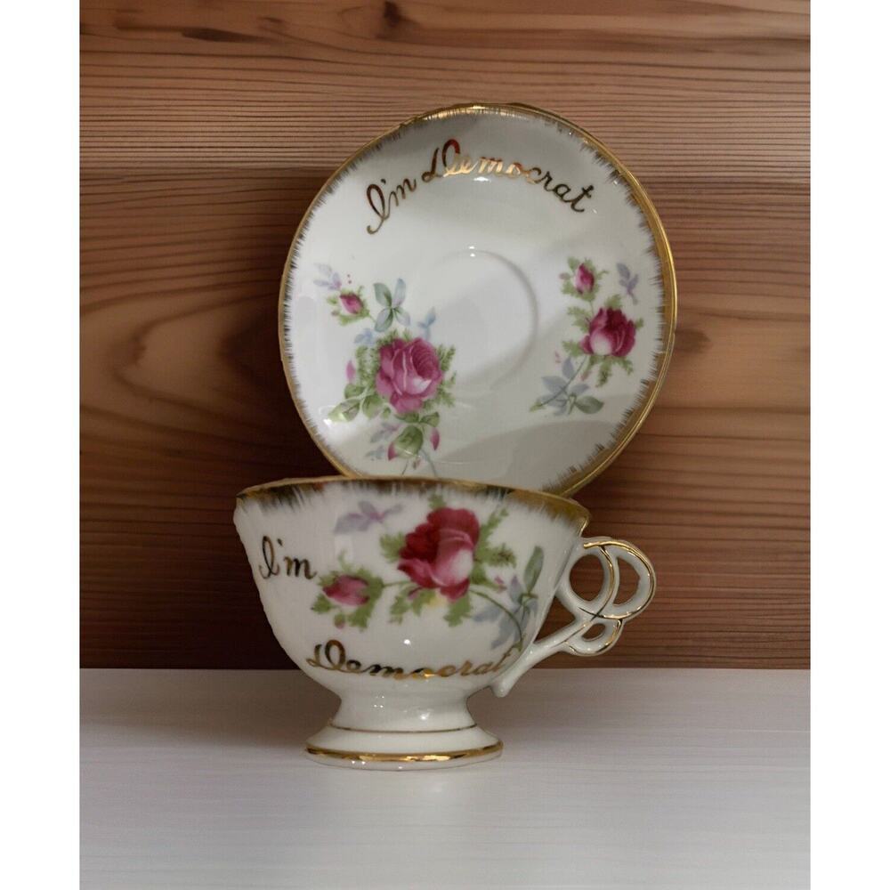 Norcrest I’m Democrat TeaCup Saucer Roses Gold 210 Tea Democratic Election